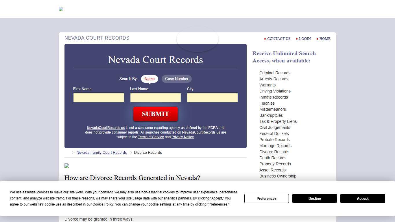 Nevada Divorce Records Search | NevadaCourtRecords.us